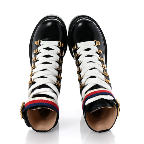 GUCCI SYLVIE WEB LACE UP COMBAT BOOTS BLACK