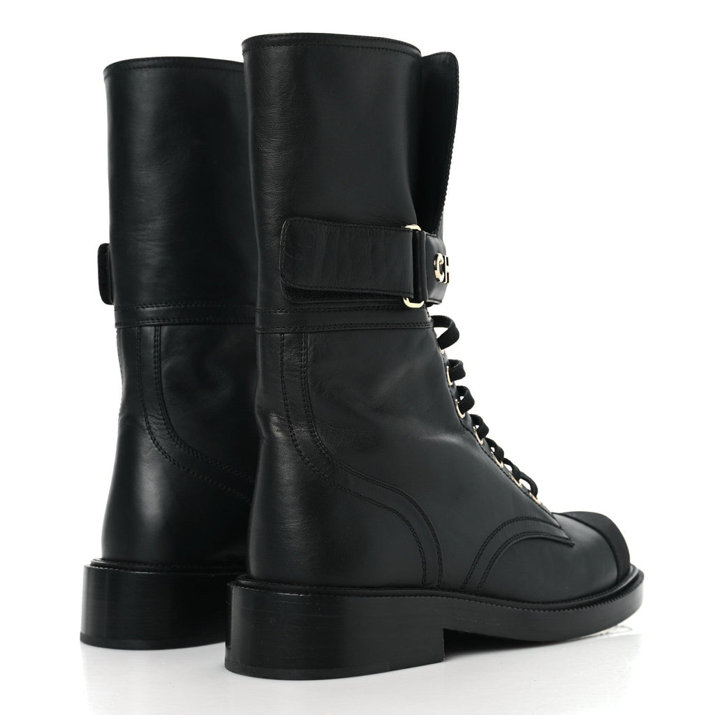 SHINY CALFSKIN GROSGRAIN LACE UP COMBAT BOOTS BLACK