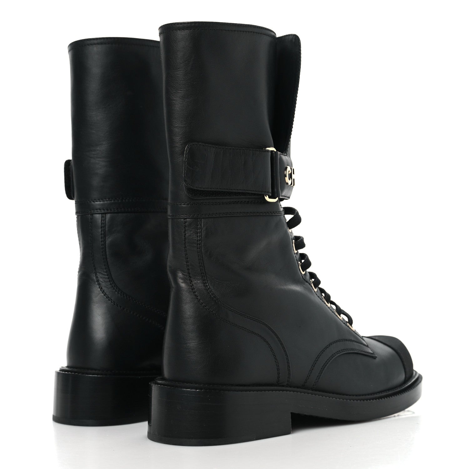 SHINY CALFSKIN GROSGRAIN LACE UP COMBAT BOOTS BLACK