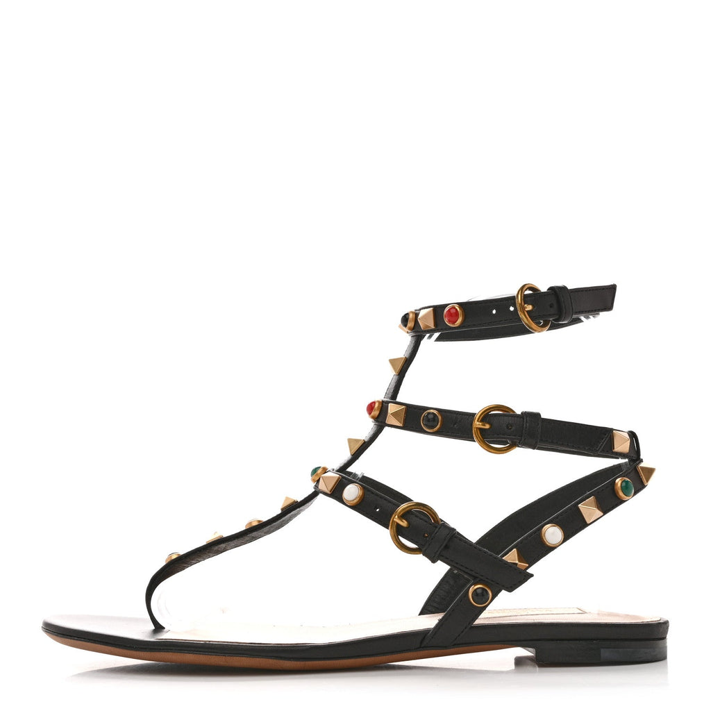 CALFSKIN ROCKSTUD ROLLING ANKLE WRAP FLAT THONG SANDALS BLACK
