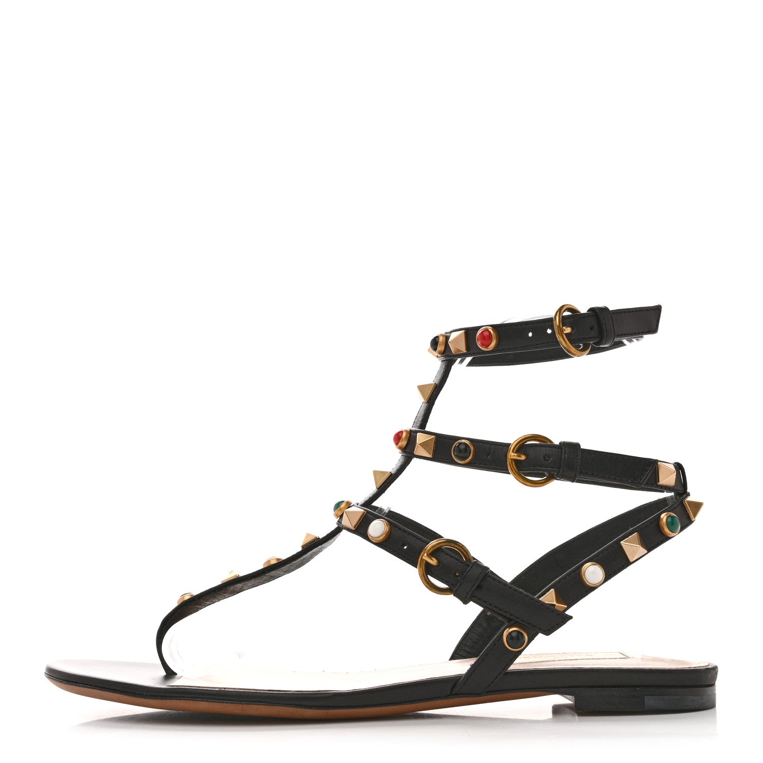 CALFSKIN ROCKSTUD ROLLING ANKLE WRAP FLAT THONG SANDALS BLACK