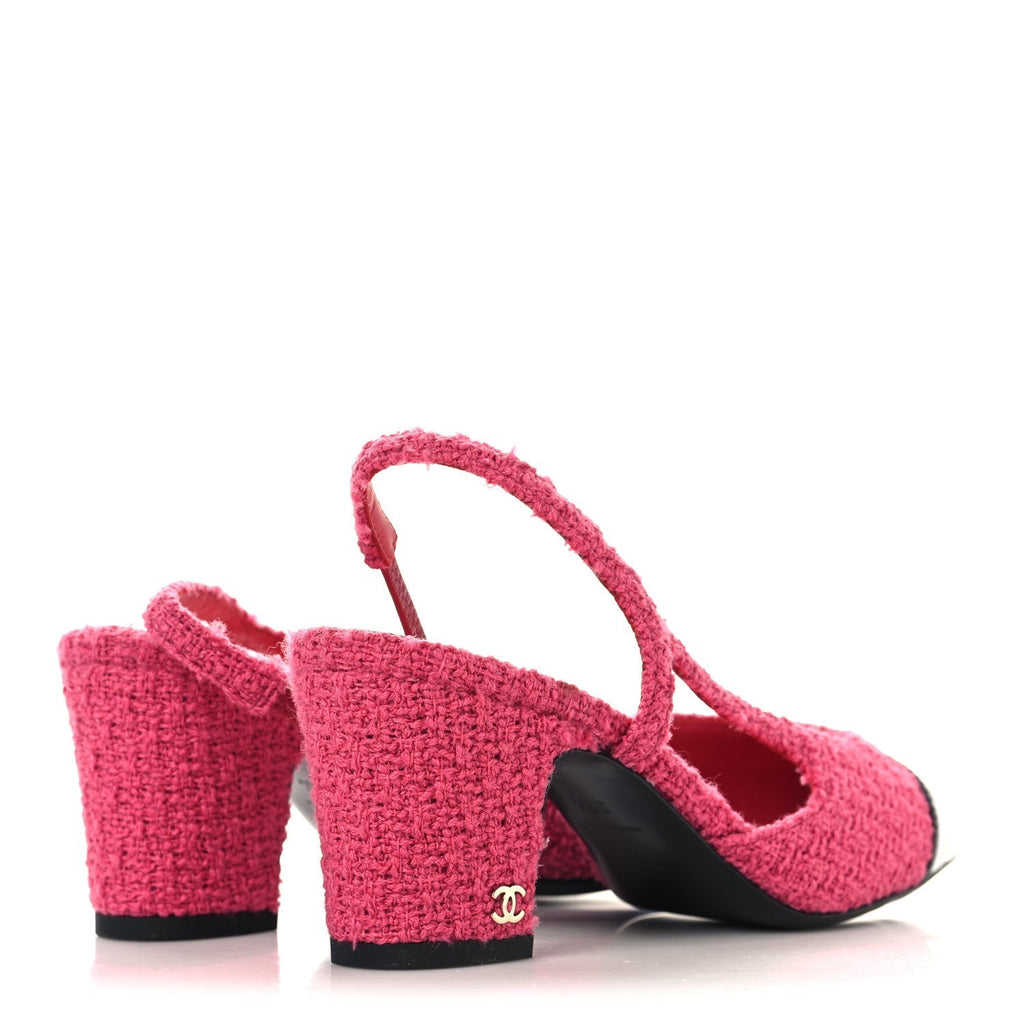 TWEED PATENT CAP TOE CC SLINGBACK PUMPS PINK BLACK