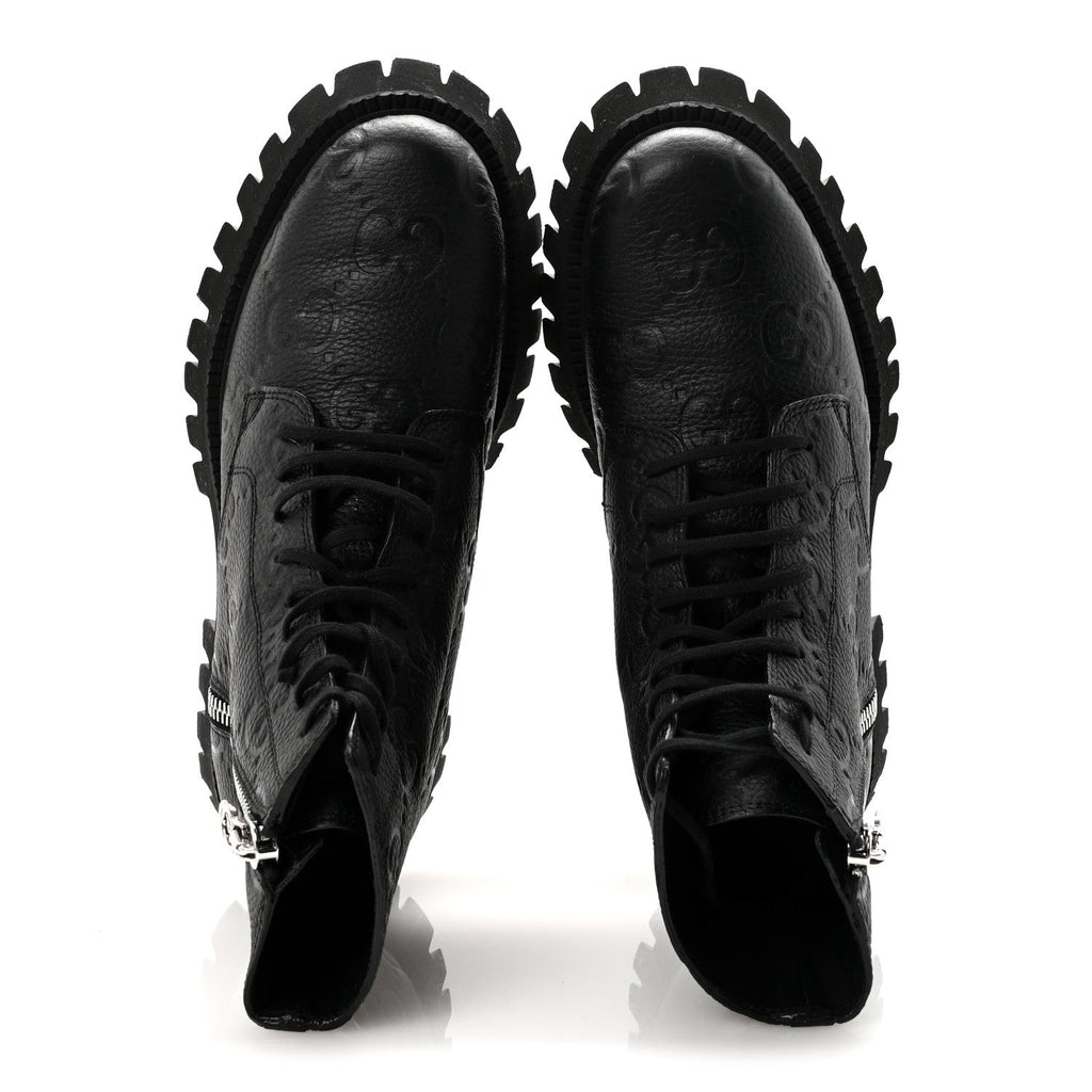CALFSKIN EMBOSSED MONOGRAM MENS LACE UP ANKLE BOOTS BLACK