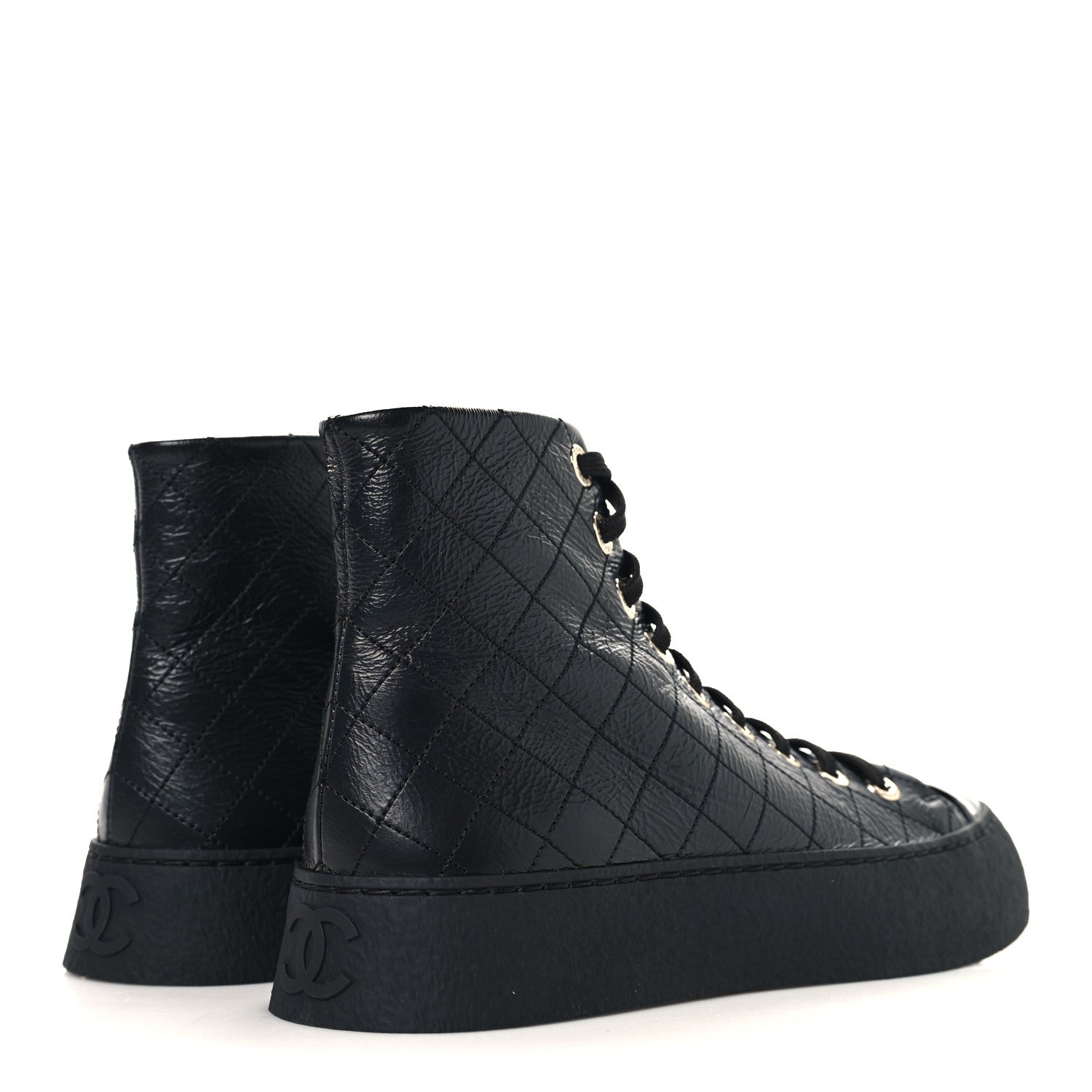CRUMPLED LAMBSKIN PATENT CAP TOE CC STITCHED HIGH TOP SNEAKERS BLACK
