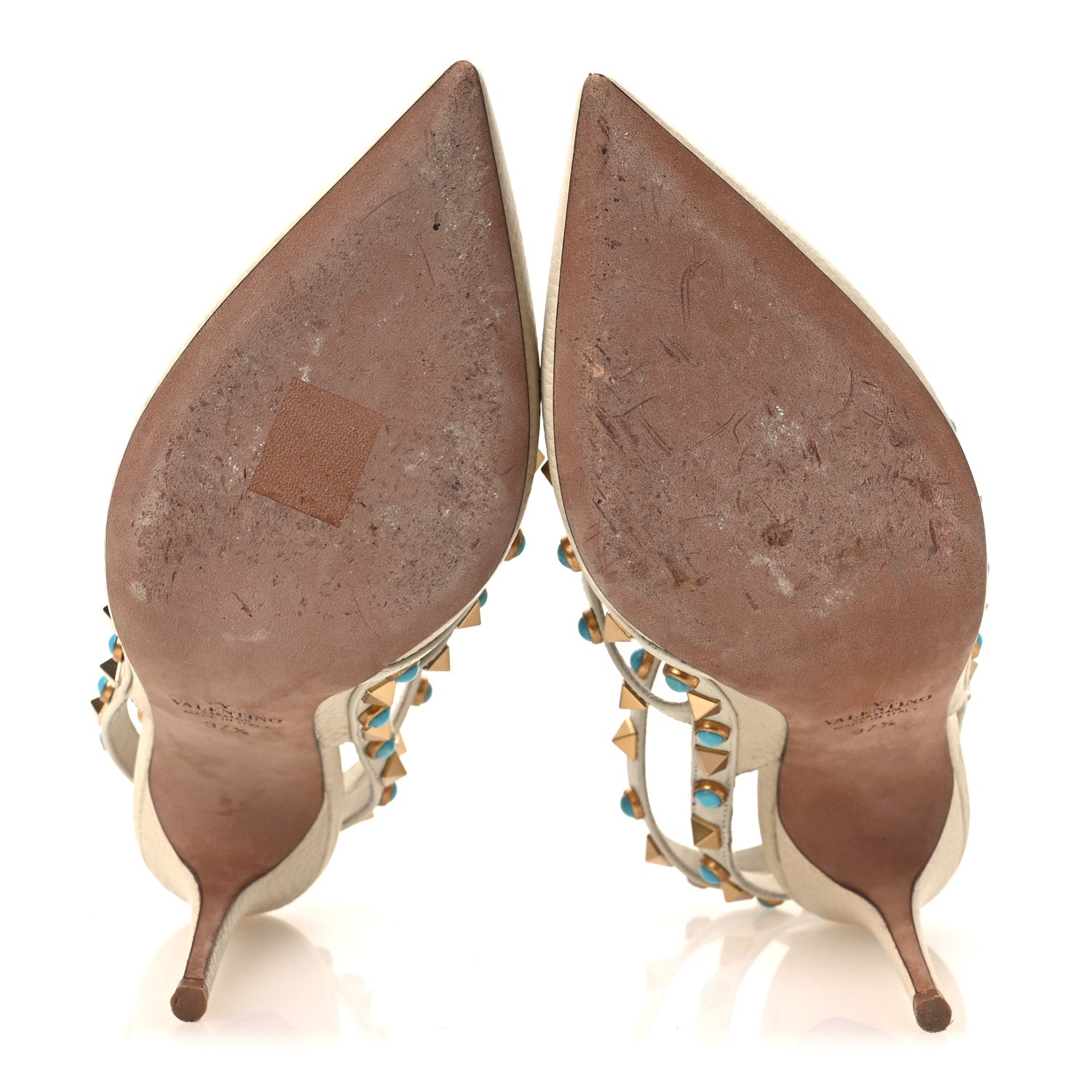 PEBBLED CALFSKIN TURQUOISE ROCKSTUD ROLLING ANKLE STRAP 100MM PUMPS IVORY