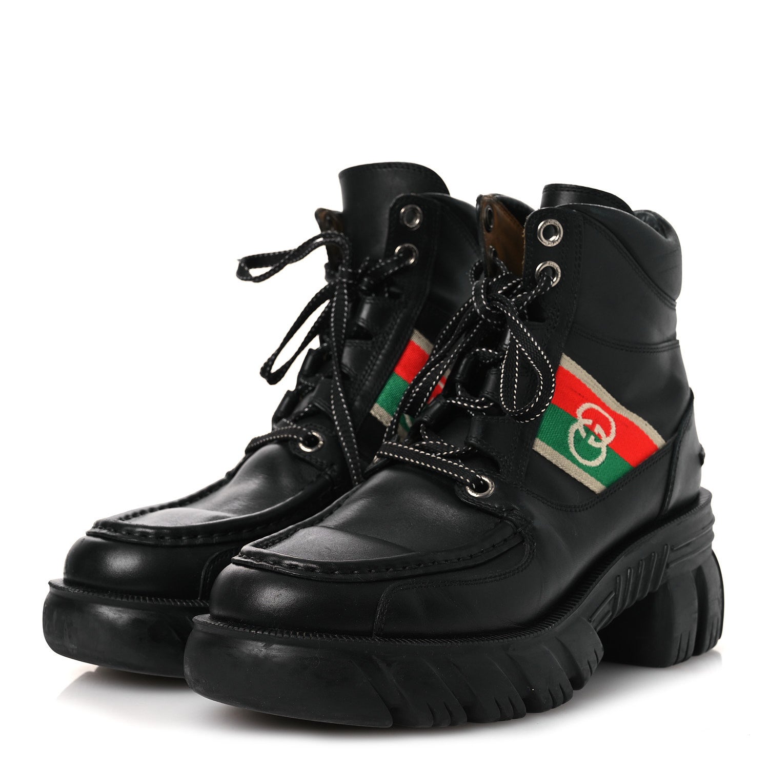 QUEBEC CALFSKIN WEB WOMENS INTERLOCKING G LACE UP COMBAT BOOTS BLACK MYSTIC WHITE GREEN RED