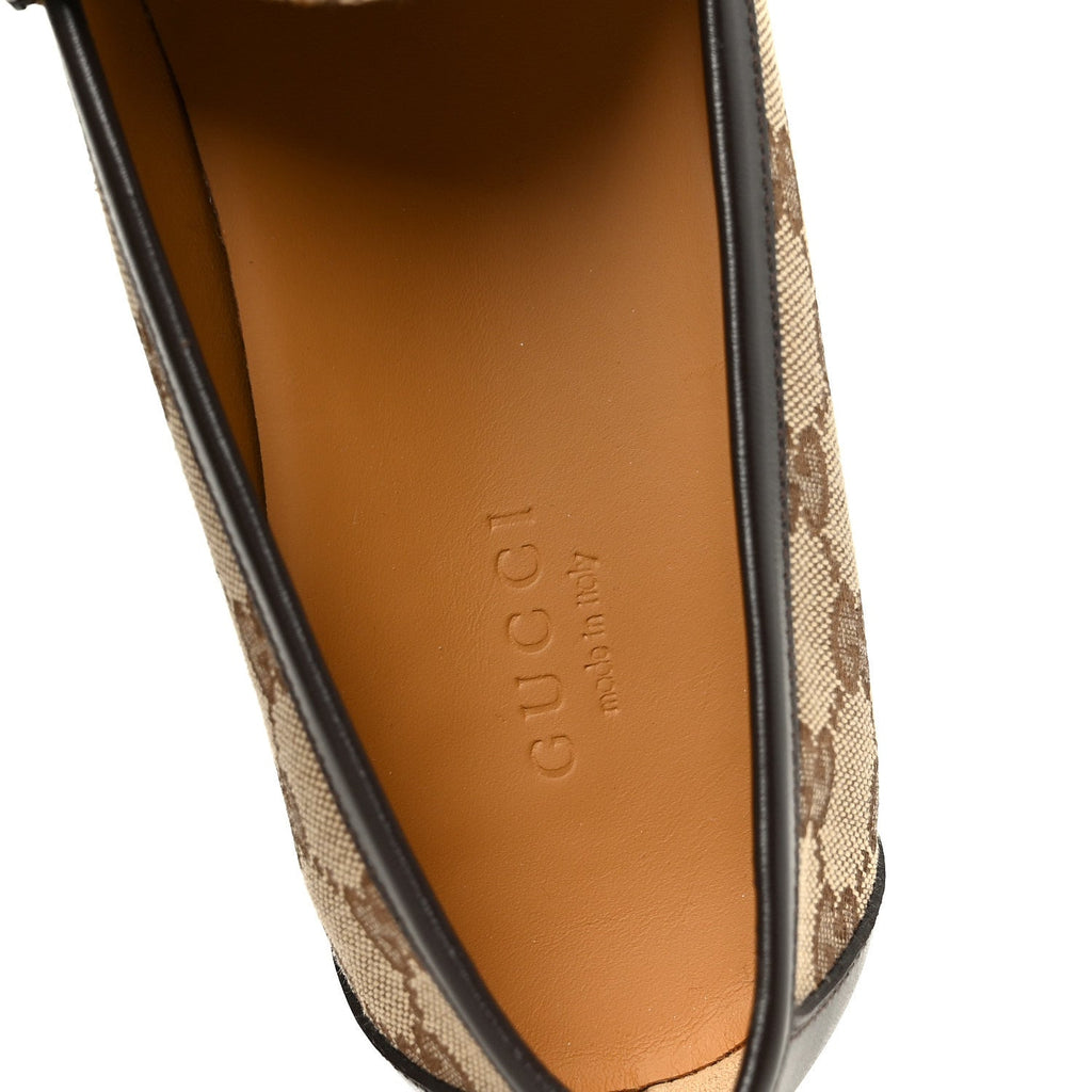 CANVAS GG MONOGRAM HORSEBIT CALFSKIN WOMENS HORSEBIT PLATFORM LOAFERS BEIGE EBONY COCOA