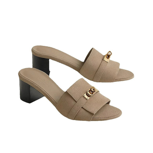 Hermès Hermes Calfskin Gigi 50 Sandal Gold - Taupe/Beige Suede