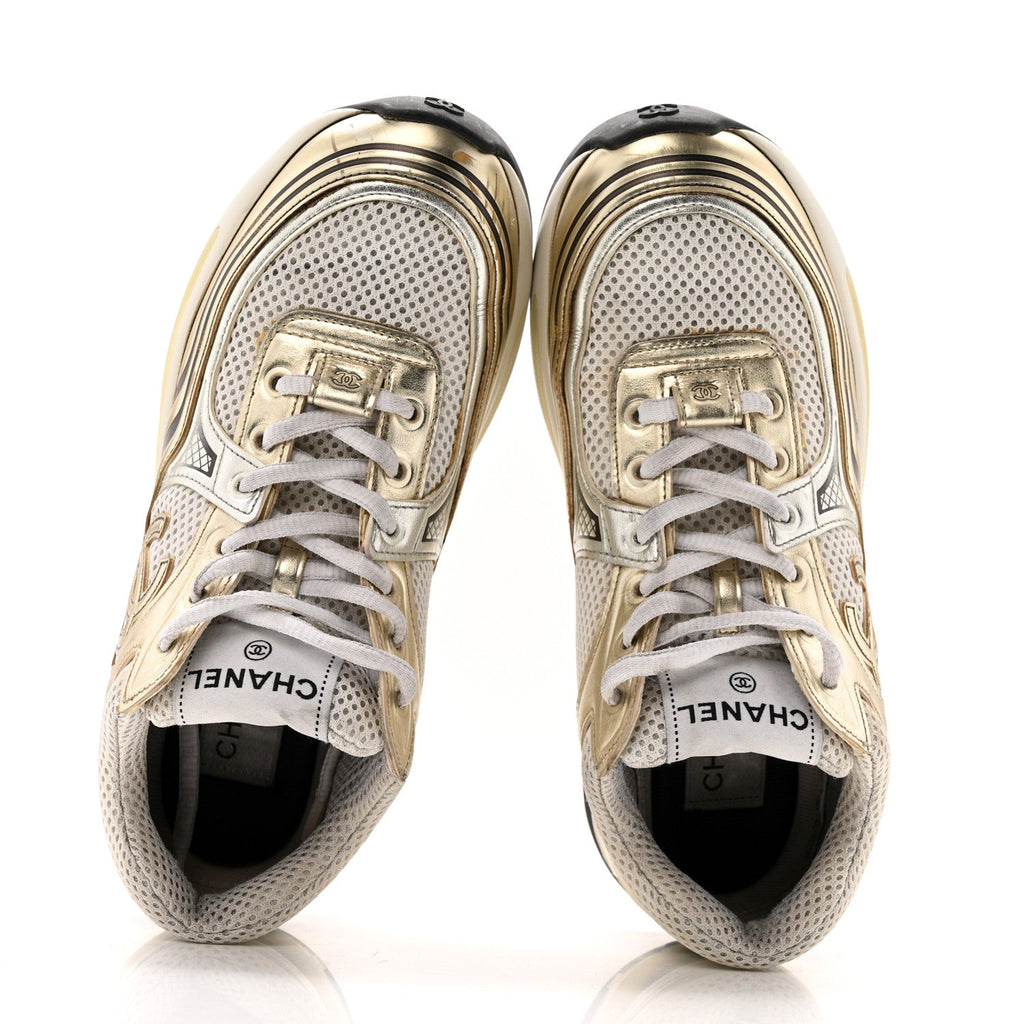 FABRIC LAMINATED CALFSKIN STRETCH CC SNEAKERS WHITE GOLD SILVER