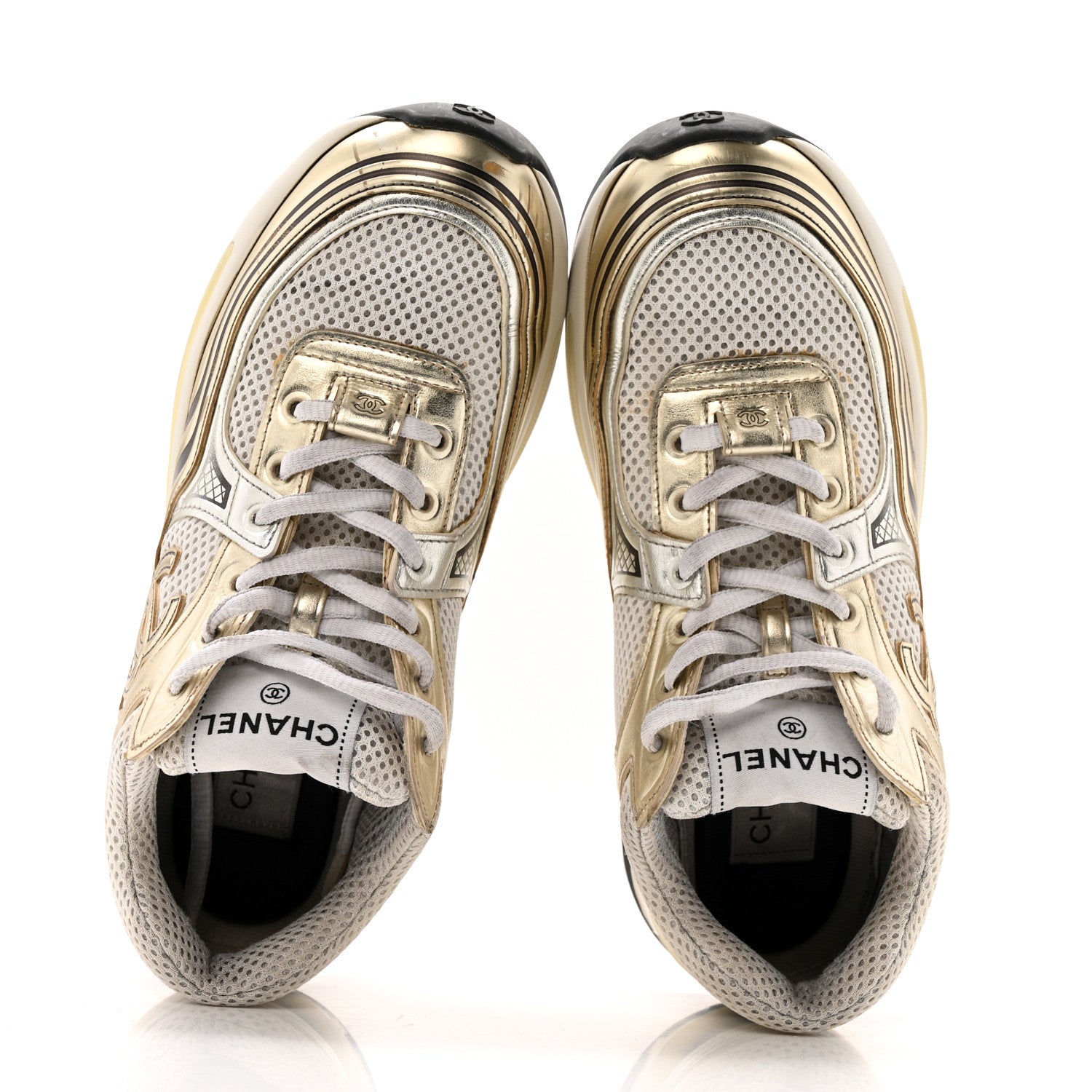 FABRIC LAMINATED CALFSKIN STRETCH CC SNEAKERS WHITE GOLD SILVER