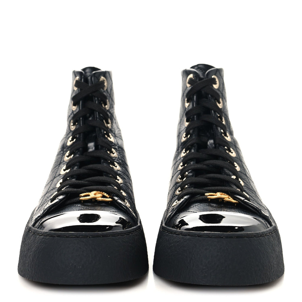 CRUMPLED LAMBSKIN PATENT CAP TOE CC STITCHED HIGH TOP SNEAKERS BLACK