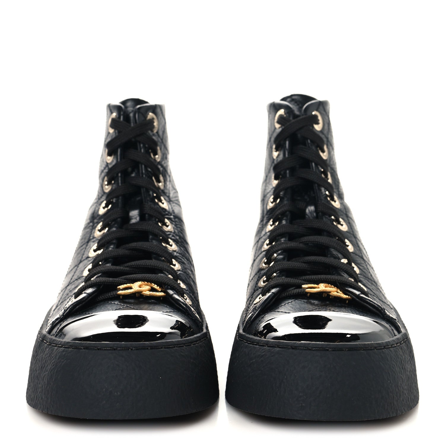 CRUMPLED LAMBSKIN PATENT CAP TOE CC STITCHED HIGH TOP SNEAKERS BLACK
