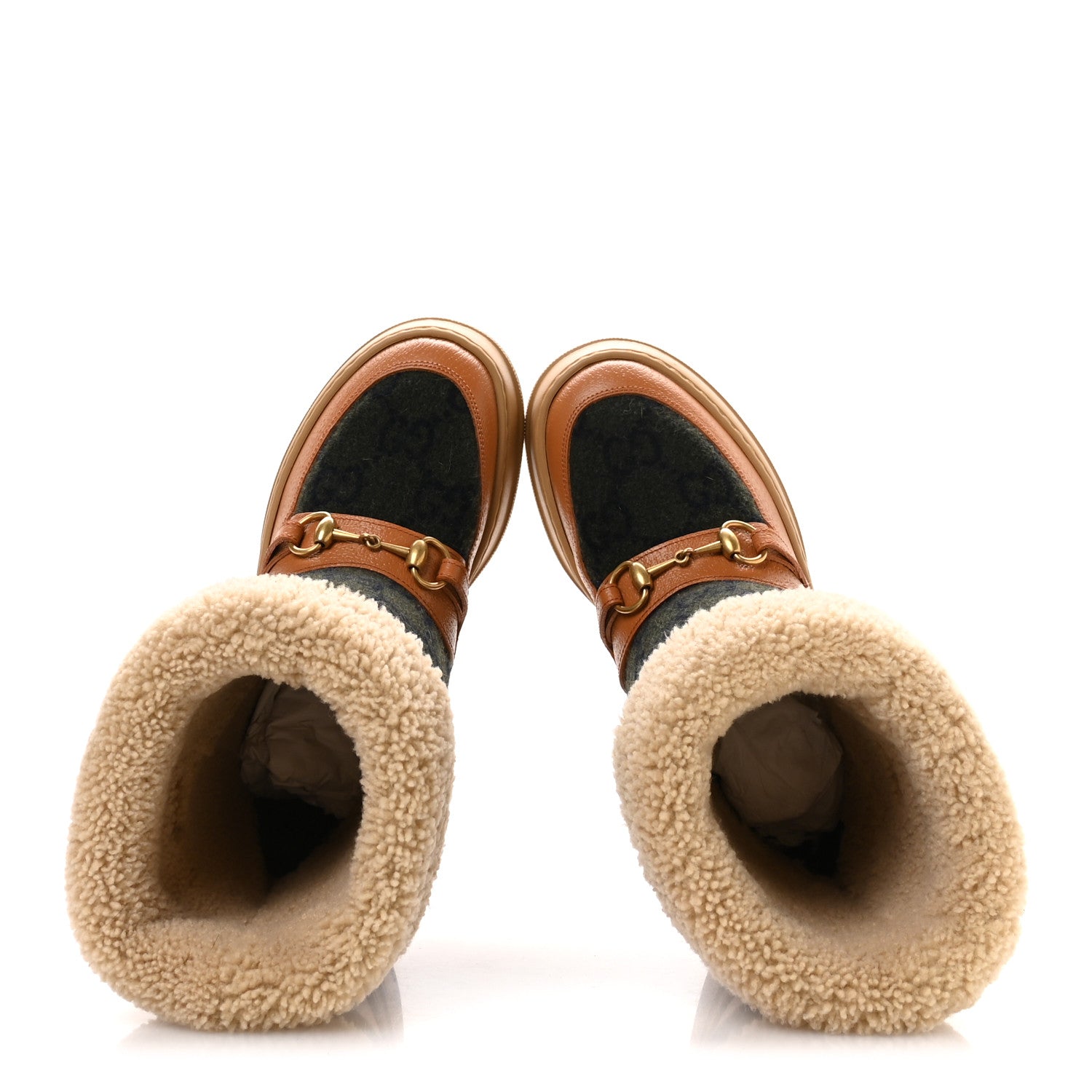 COVERED WOOL MONOGRAM TEXTURED DOLLAR CALFSKIN SHEARLING HORSEBIT SNOW BOOTS UNDERWOOD BLUE HAZEL BROWN
