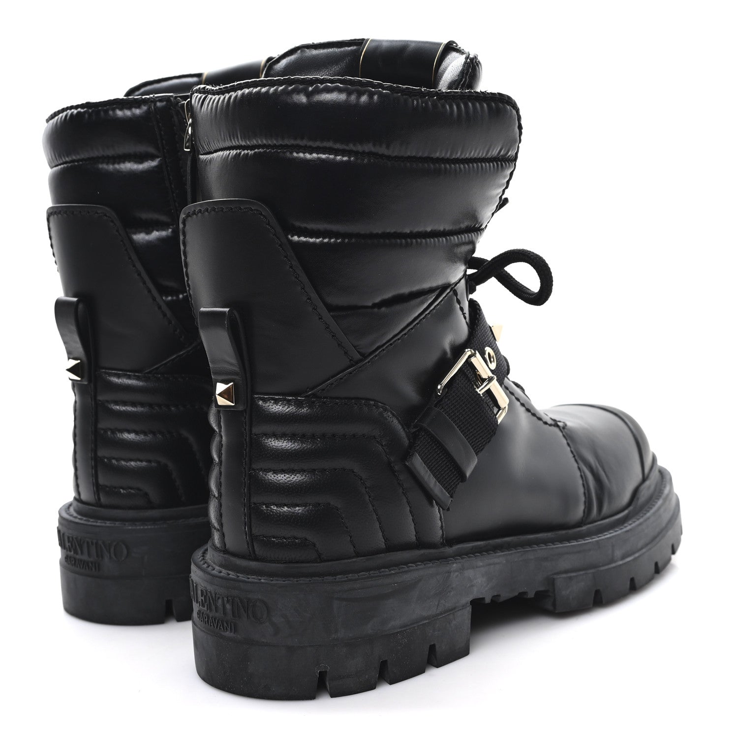 CALFSKIN NYLON QUILTED WATERPROOF ROCKSTUD COMBAT BOOTS BLACK