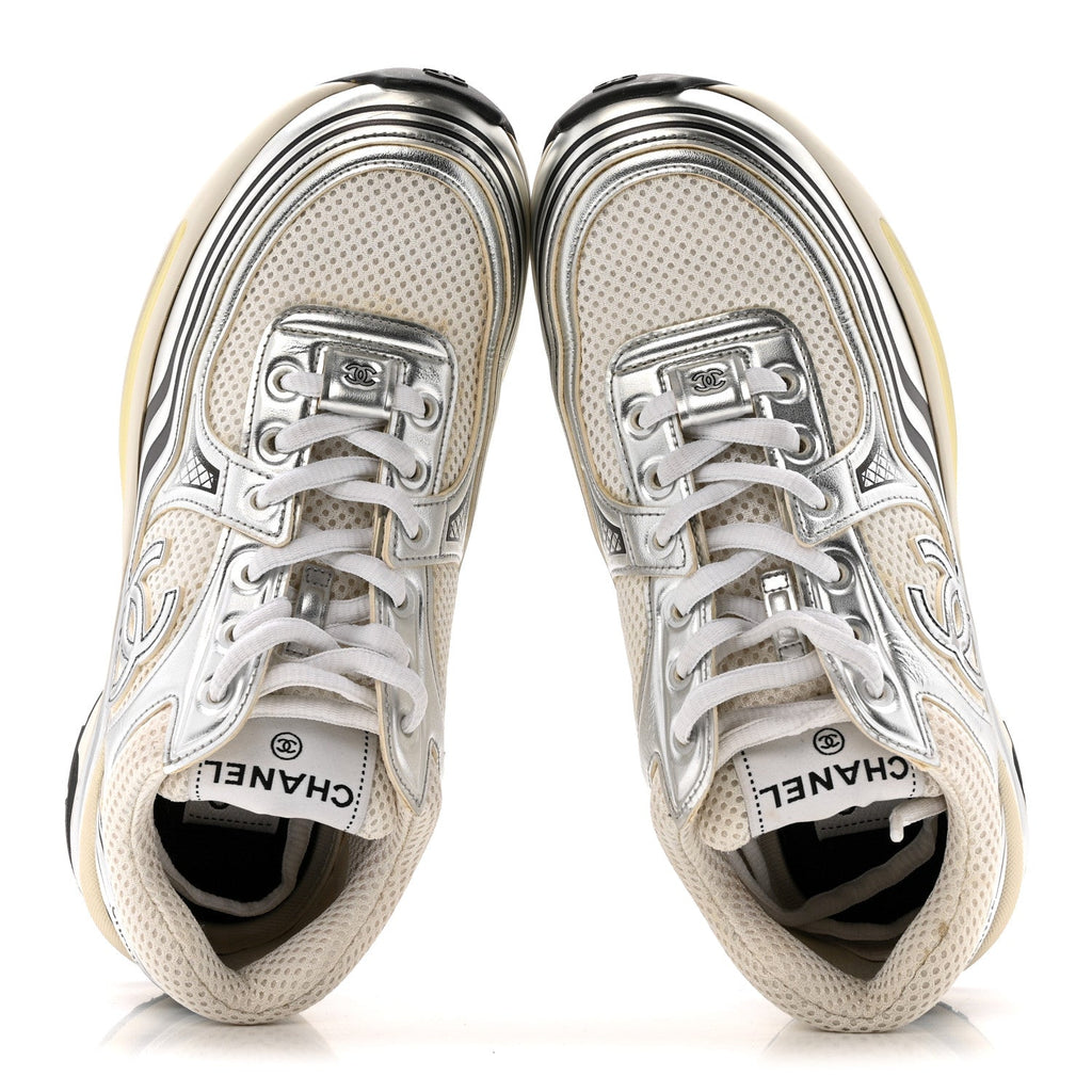 FABRIC LAMINATED CALFSKIN STRETCH CC WOMENS SNEAKERS WHITE SILVER