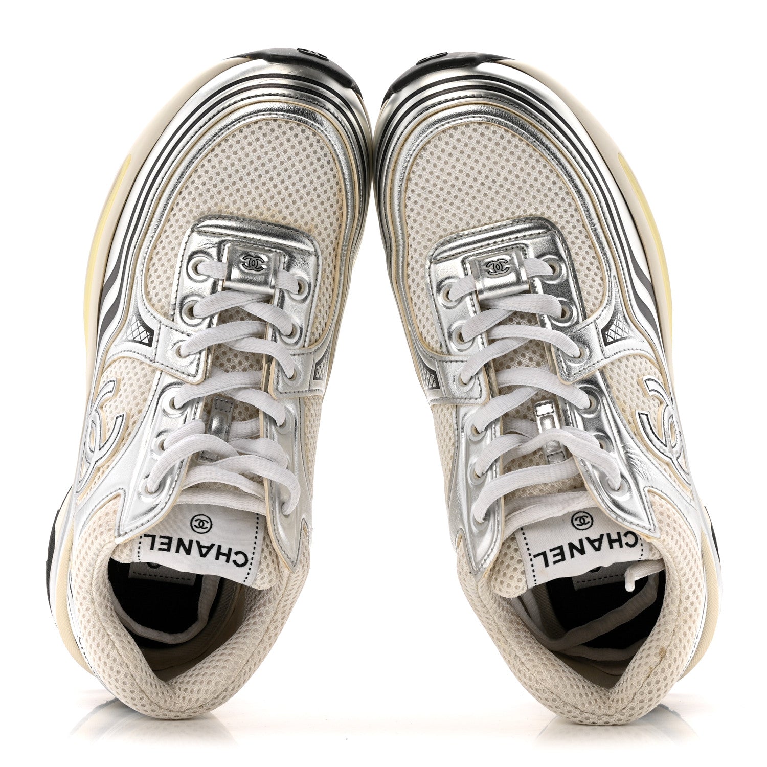FABRIC LAMINATED CALFSKIN STRETCH CC WOMENS SNEAKERS WHITE SILVER
