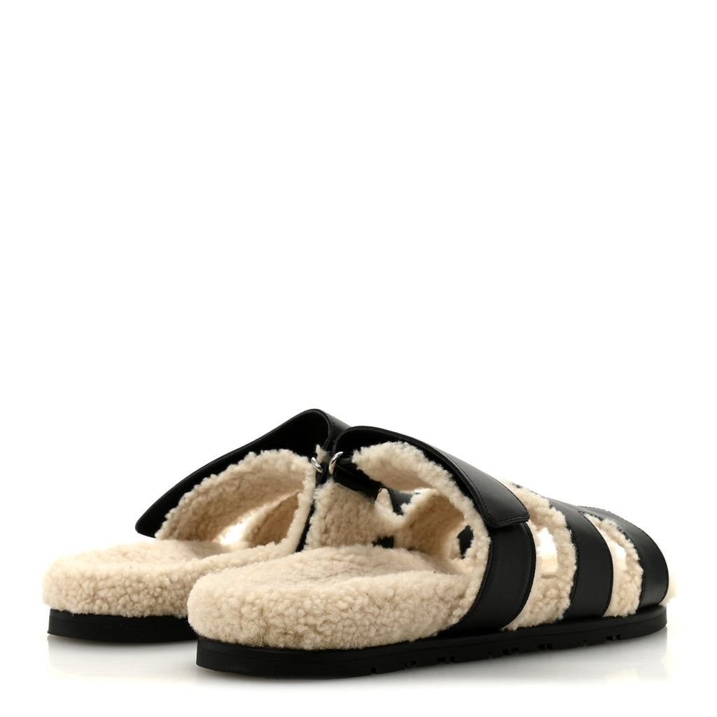 CALFSKIN WOOLSKIN WOMENS CHYPRE SANDALS BLACK ECRU
