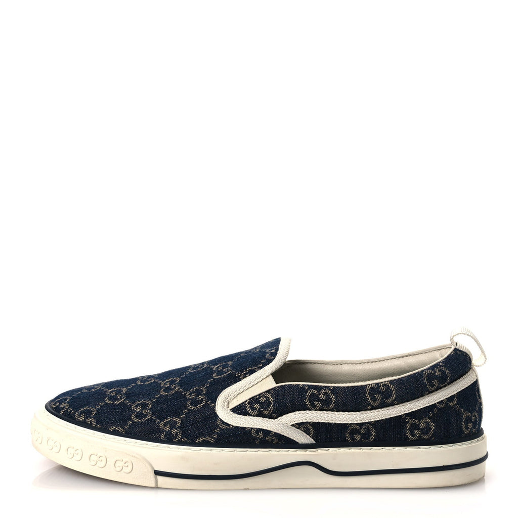 NEW DENIM GG MONOGRAM MENS 1977 TENNIS SLIP ON SNEAKERS BLUE TEA MYSTIC WHITE