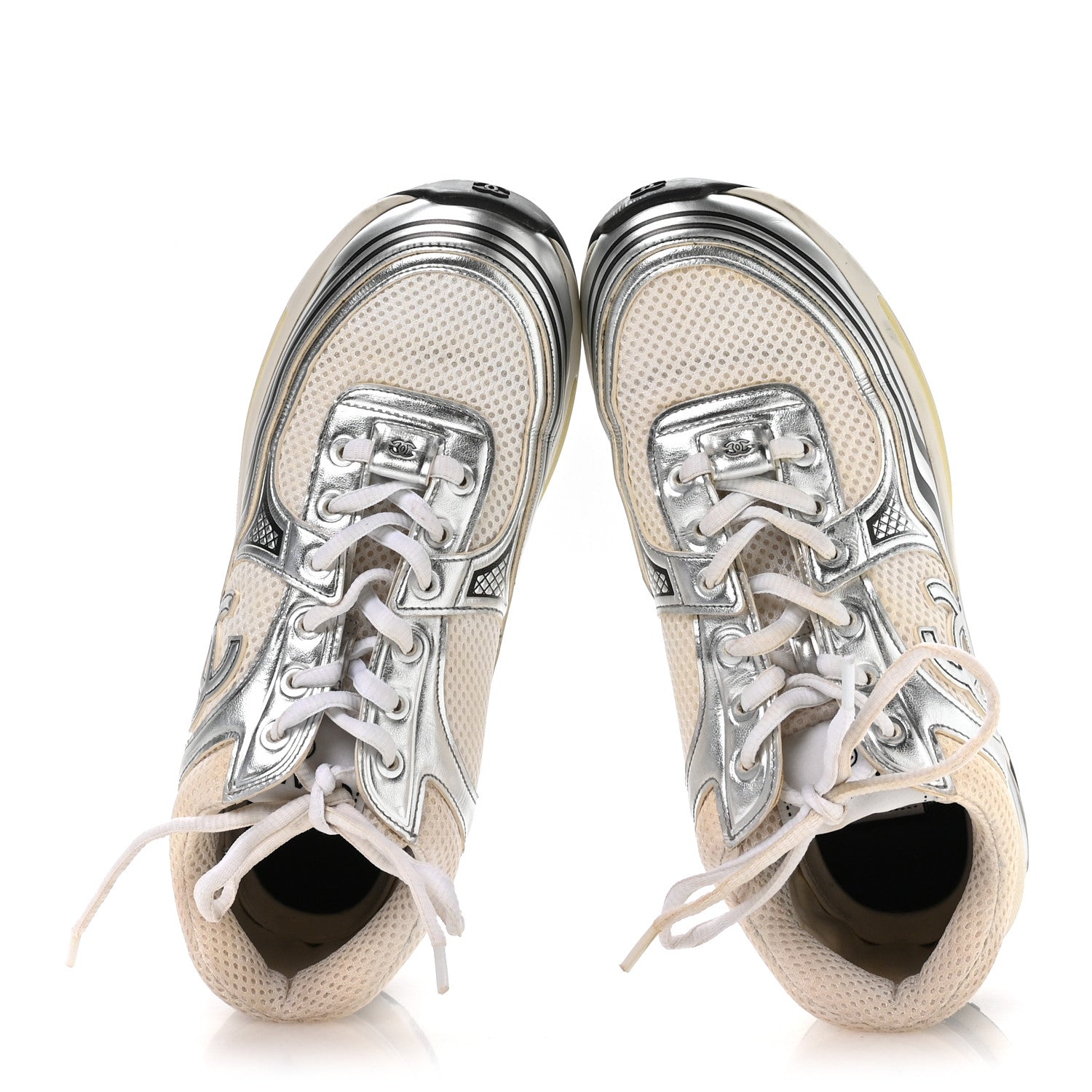 FABRIC LAMINATED CALFSKIN STRETCH CC SNEAKERS WHITE SILVER