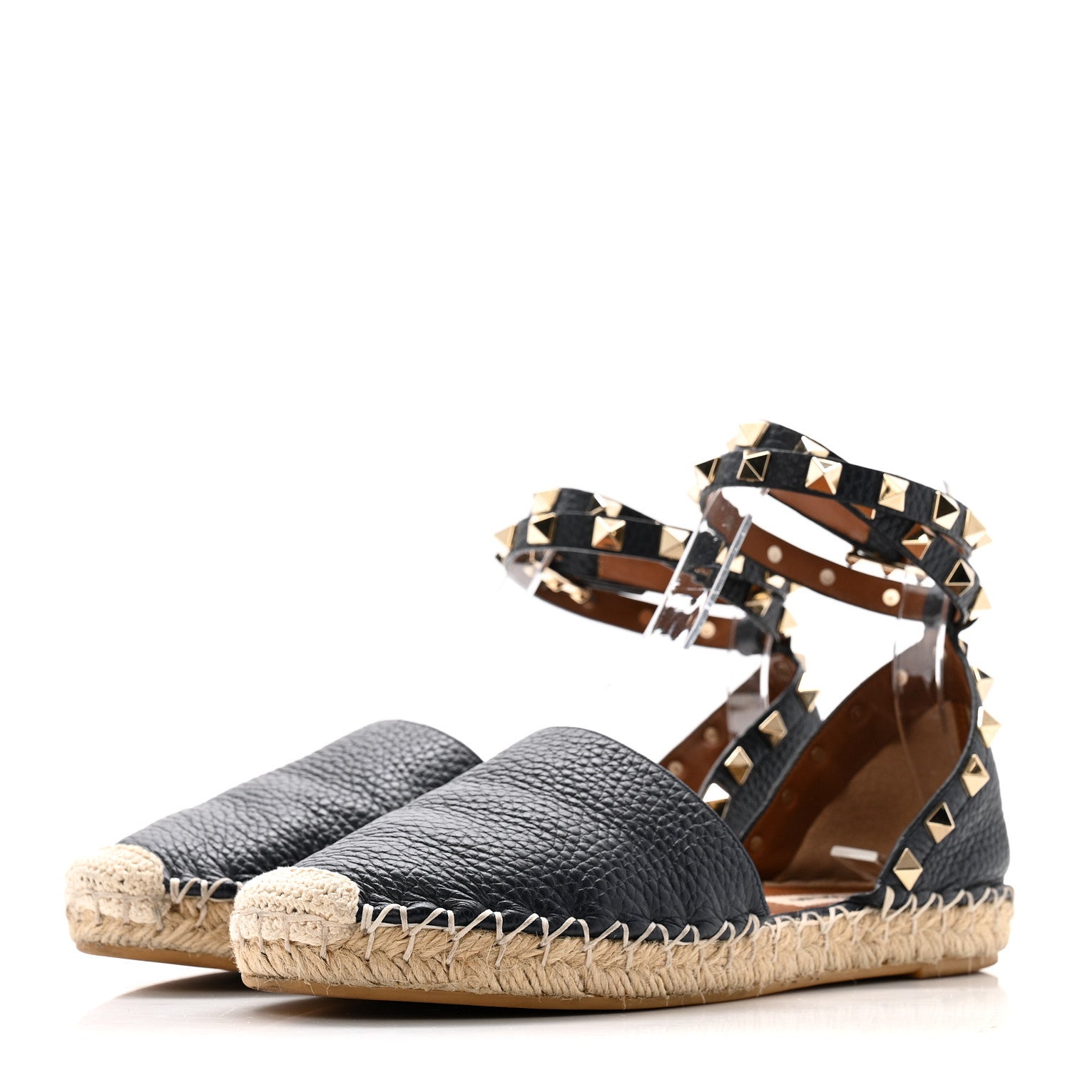 GRAINED CALFSKIN ROCKSTUD ANKLE WRAP ESPADRILLE 20MM FLATS NAVY