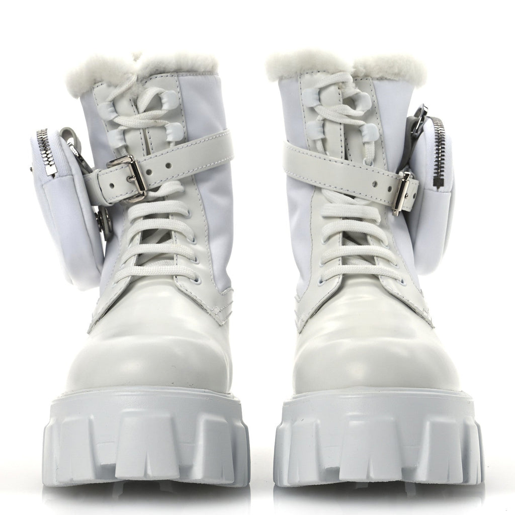 SPAZZOLATO ROIS NYLON SHEARLING METAL TRIANGLE LOGO MONOLITH POUCH POCKET 55MM BOOTS WHITE