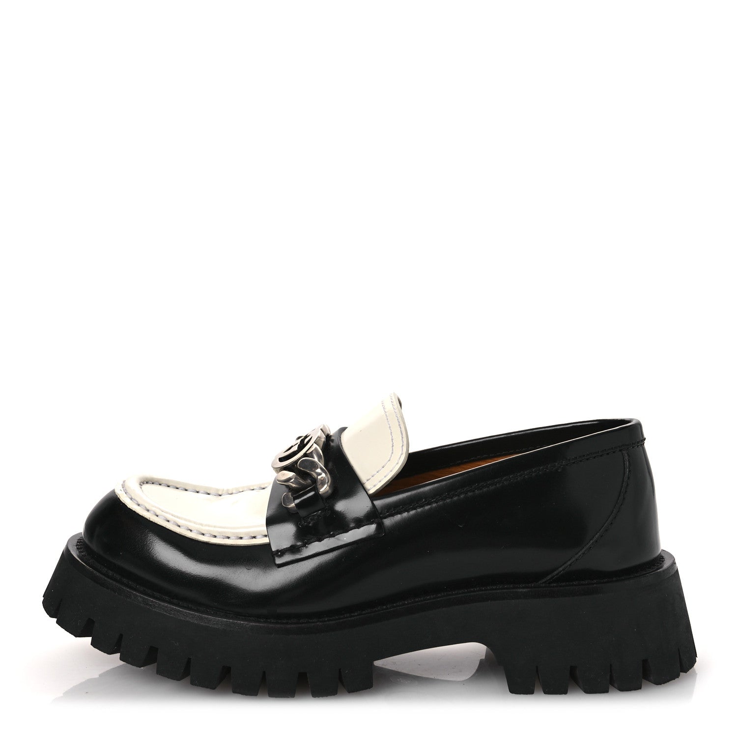 CORDOVAN LUX WOMENS INTERLOCKING G PLATFORM LUG SOLE LOAFERS BLACK OFF WHITE
