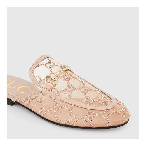 Gucci Princetown Crystal Gg Mesh Mules - Pink