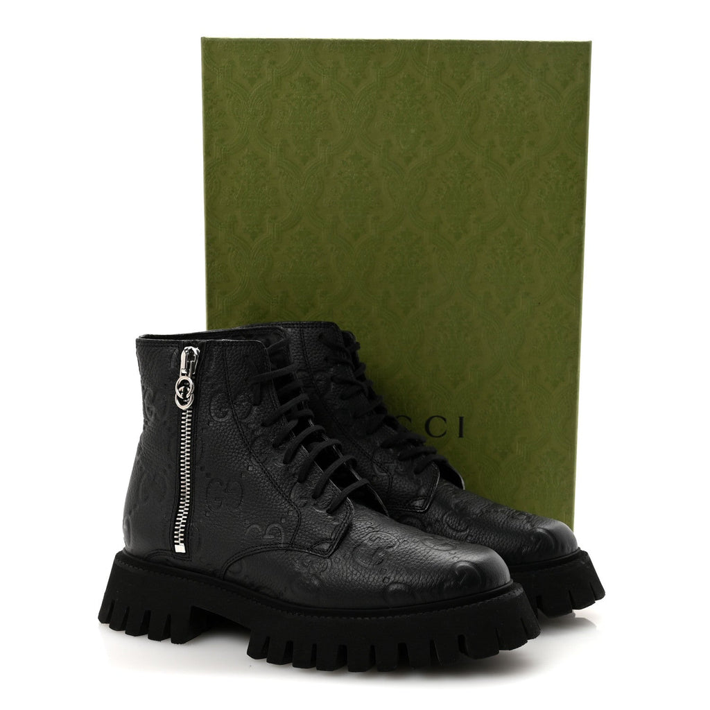 CALFSKIN EMBOSSED MONOGRAM MENS LACE UP ANKLE BOOTS BLACK