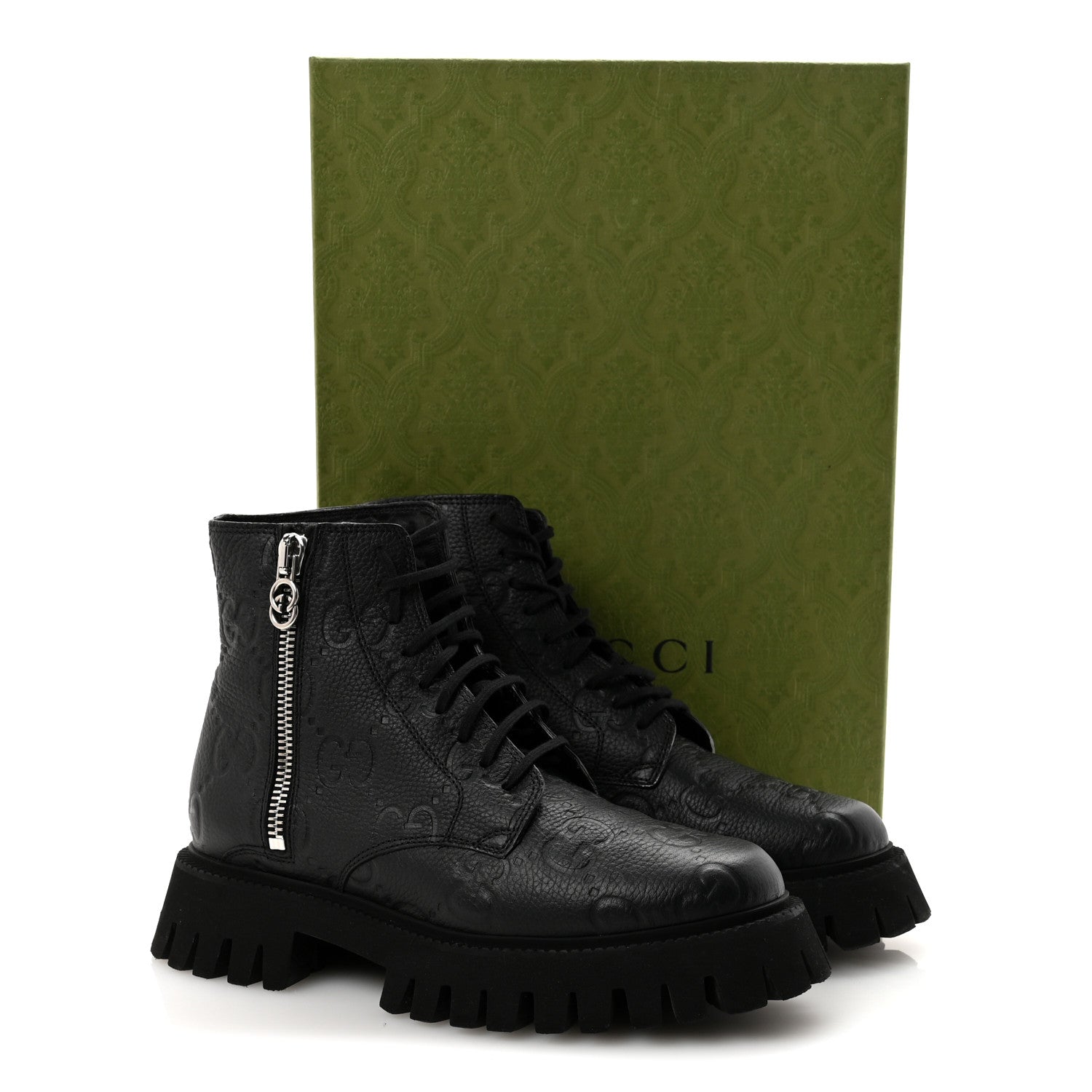 CALFSKIN EMBOSSED MONOGRAM MENS LACE UP ANKLE BOOTS BLACK