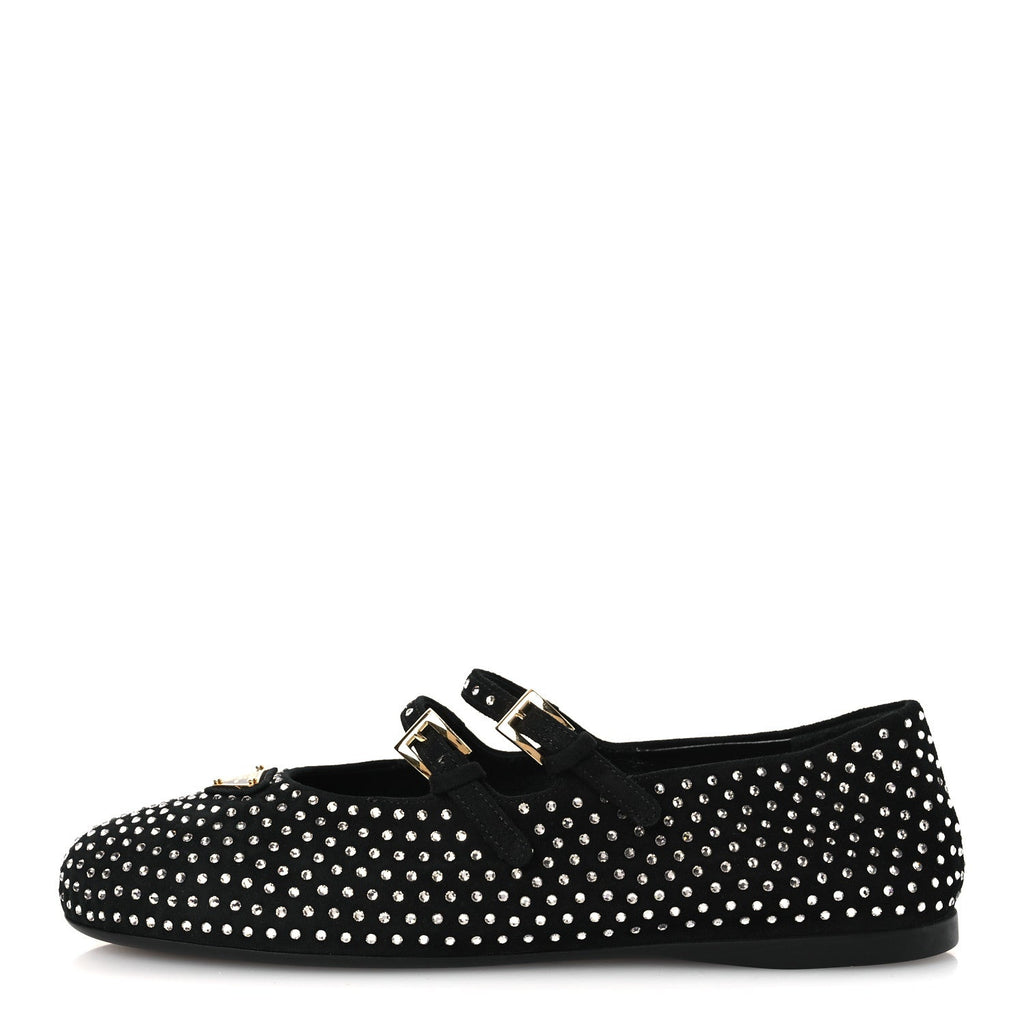 SUEDE CRYSTAL STUDDED BALLERINA FLATS BLACK