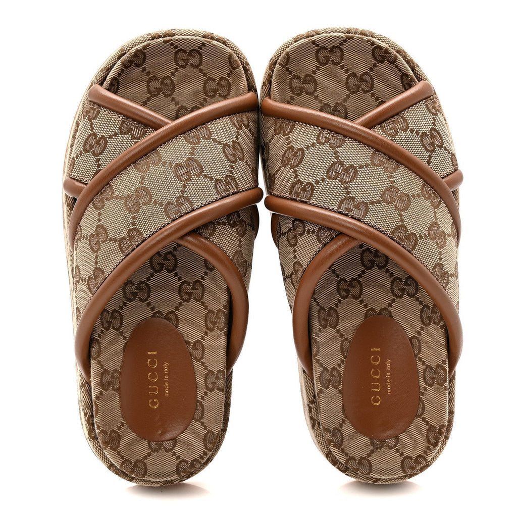MONOGRAM GG CALFSKIN ANGELINA PLATFORM 55MM SLIDE SANDALS CAMEL EBONY