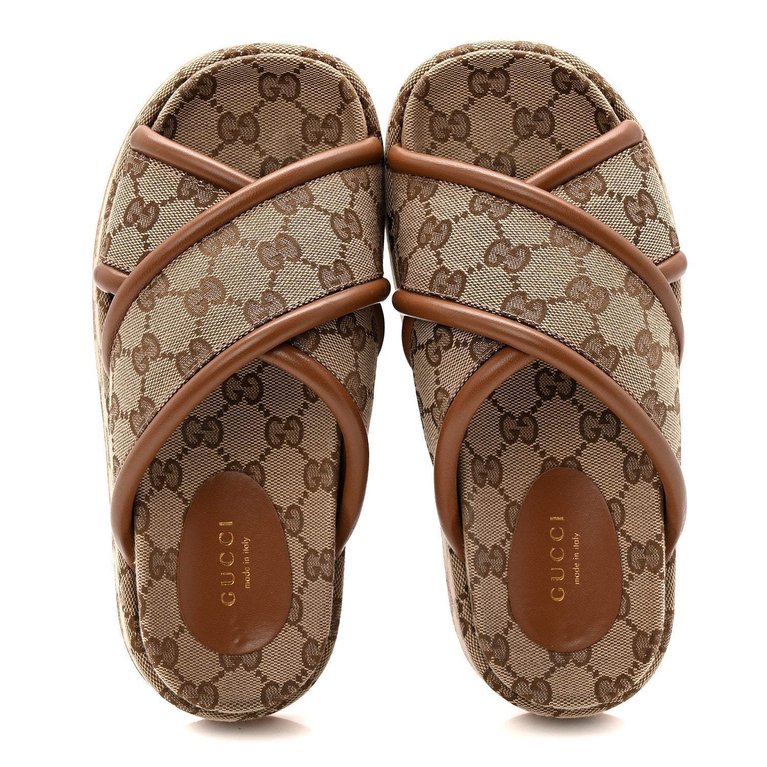 MONOGRAM GG CALFSKIN ANGELINA PLATFORM 55MM SLIDE SANDALS CAMEL EBONY
