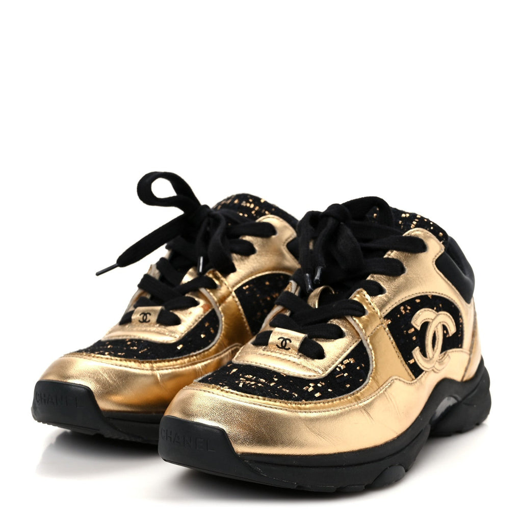 SATIN LAMBSKIN FABRIC TWEED CC SNEAKERS GOLD BLACK