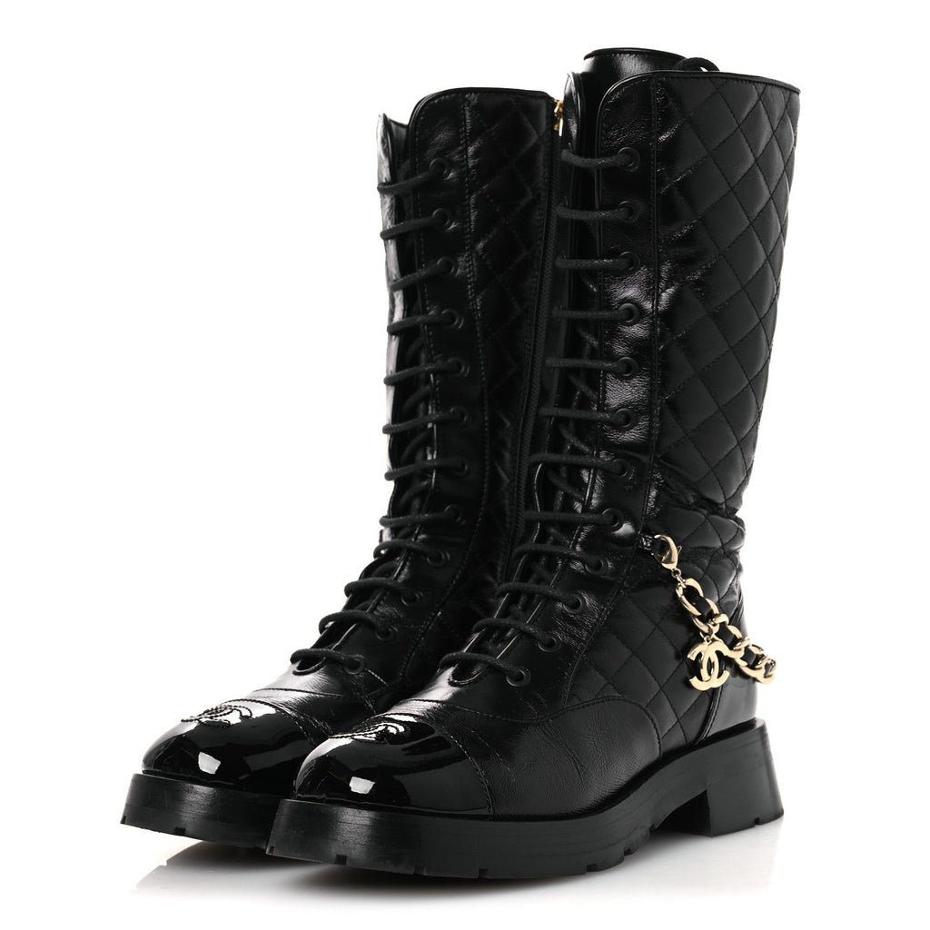 SHINY CALFSKIN PATENT QUILTED CHAIN LACE UP COMBAT LONG BOOTS BLACK