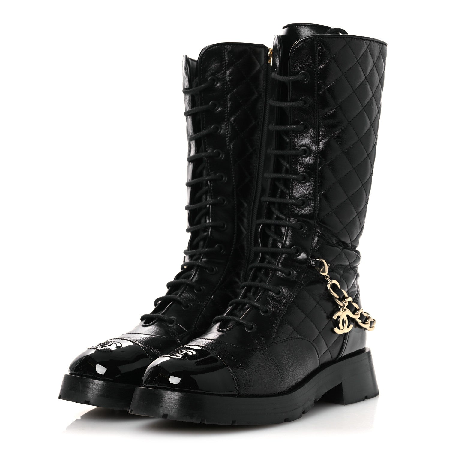 SHINY CALFSKIN PATENT QUILTED CHAIN LACE UP COMBAT LONG BOOTS BLACK