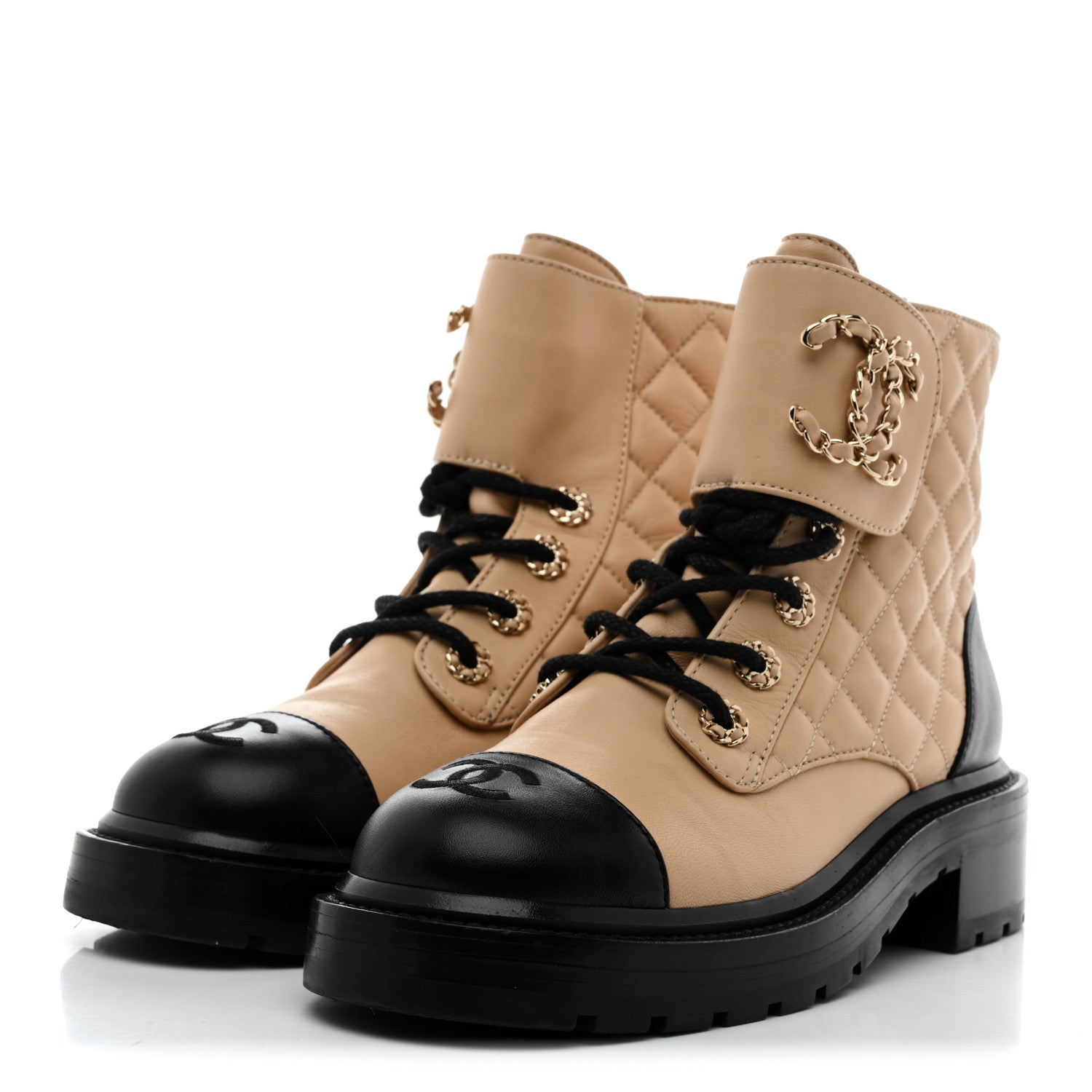 LAMBSKIN CALFSKIN QUILTED LACE UP COMBAT BOOTS BEIGE BLACK