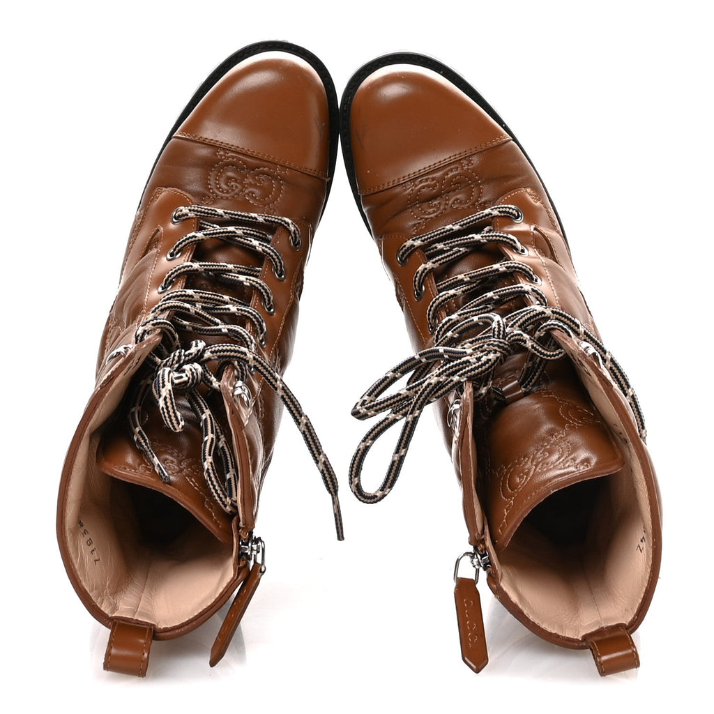 CORDOVAN LUX NAPPA GG MATELASSE LACE UP 60MM COMBAT BOOTS DARK HAZEL BROWN