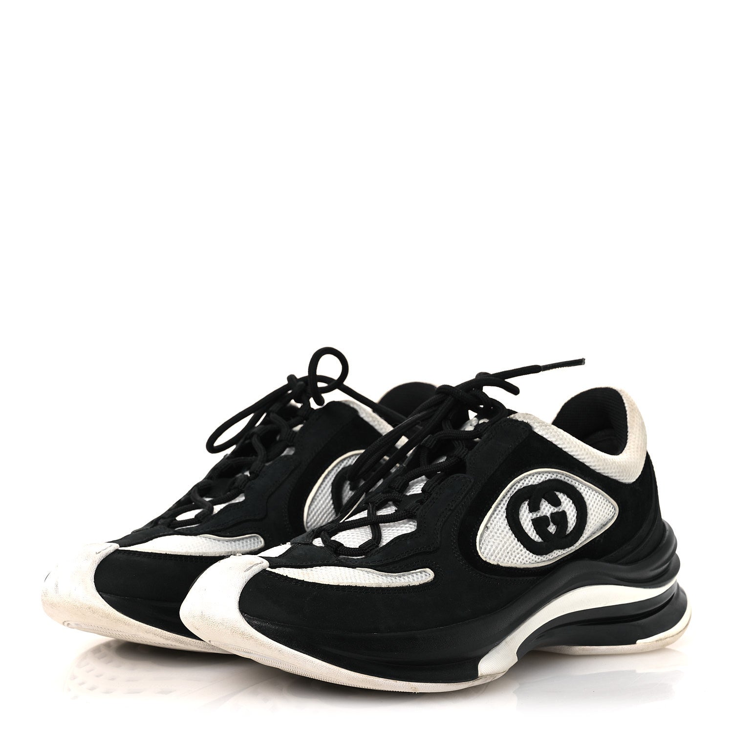 TECHNICAL KNIT FABRIC SUEDE CALFSKIN WOMENS GUCCI RUN SNEAKERS BLACK WHITE