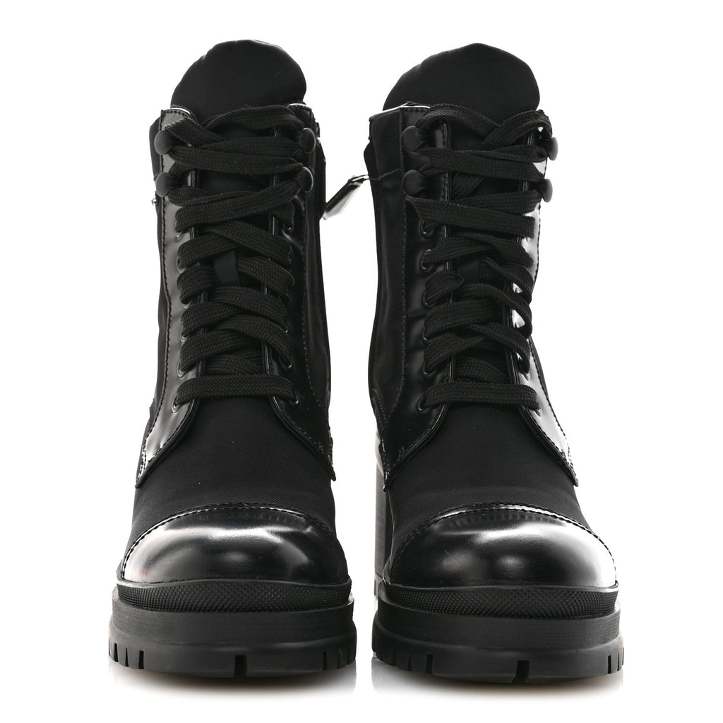 SPAZZOLATO RE-NYLON METAL TRIANGLE LOGO LACE UP 85MM ANKLE BOOTS BLACK