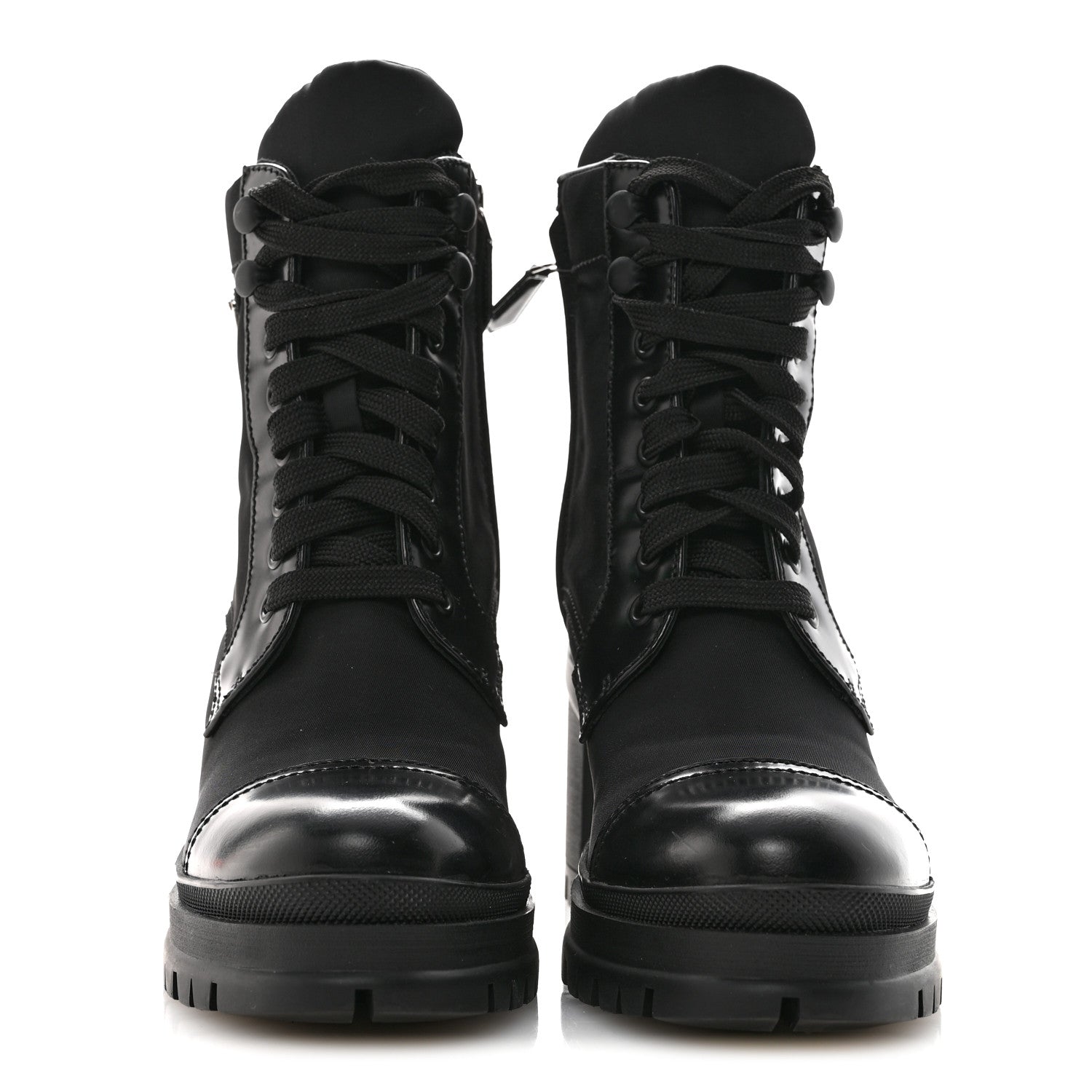 SPAZZOLATO RE-NYLON METAL TRIANGLE LOGO LACE UP 85MM ANKLE BOOTS BLACK