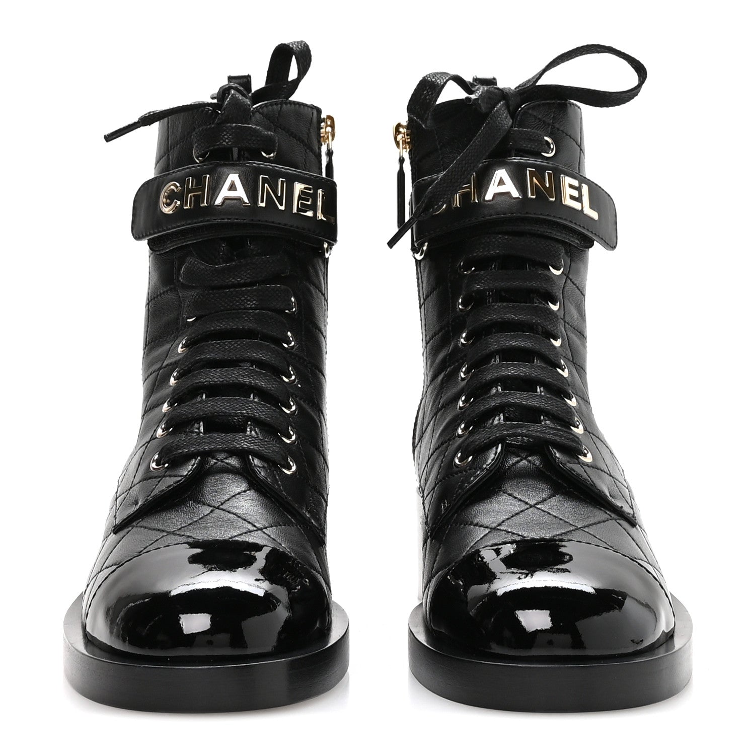 LAMBSKIN PATENT CALFSKIN QUILTED LOGO LACE UP COMBAT BOOTS BLACK