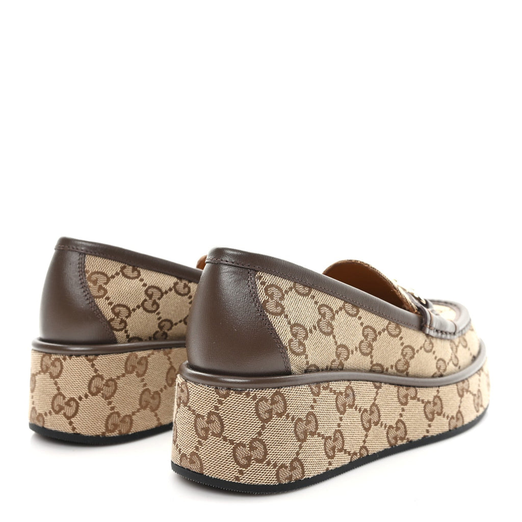 MONOGRAM HORSEBIT CALFSKIN WOMENS HORSEBIT WEDGE PLATFORM LOAFERS BEIGE EBONY