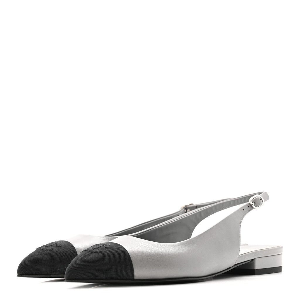 GOATSKIN GROSGRAIN POINTED TOE CC SLINGBACK FLATS GRAY BLACK