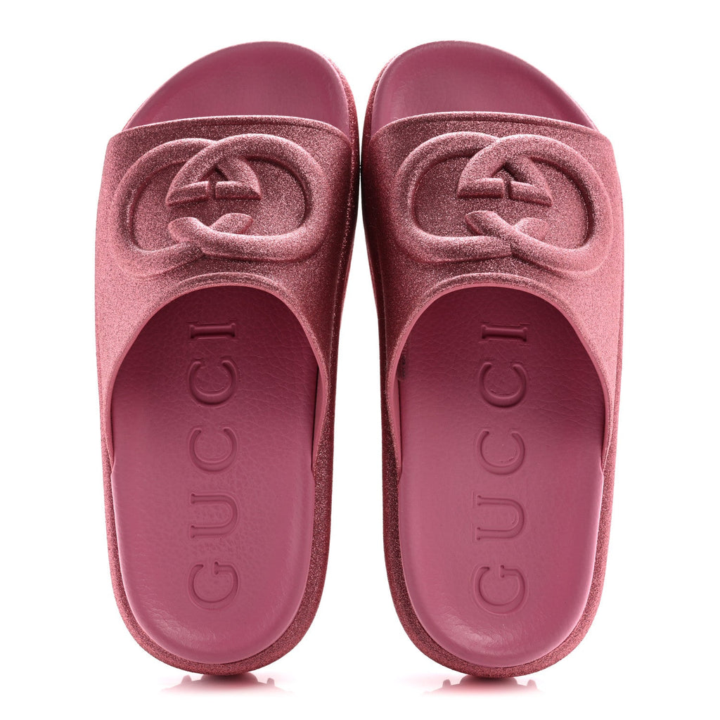 GLITTER RUBBER WOMENS INTERLOCKING G PLATFORM 42MM SLIDE SANDALS ROSE