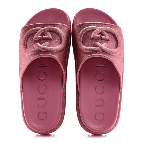 GLITTER RUBBER WOMENS INTERLOCKING G PLATFORM 42MM SLIDE SANDALS ROSE