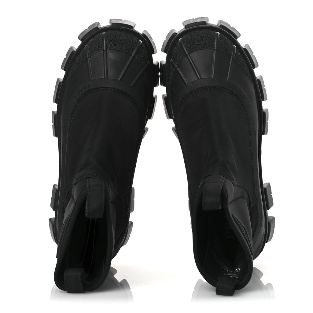 RE-NYLON GABARDINE RUBBER TRIANGLE LOGO WOMENS MONOLITH 55MM ANKLE BOOTS BLACK