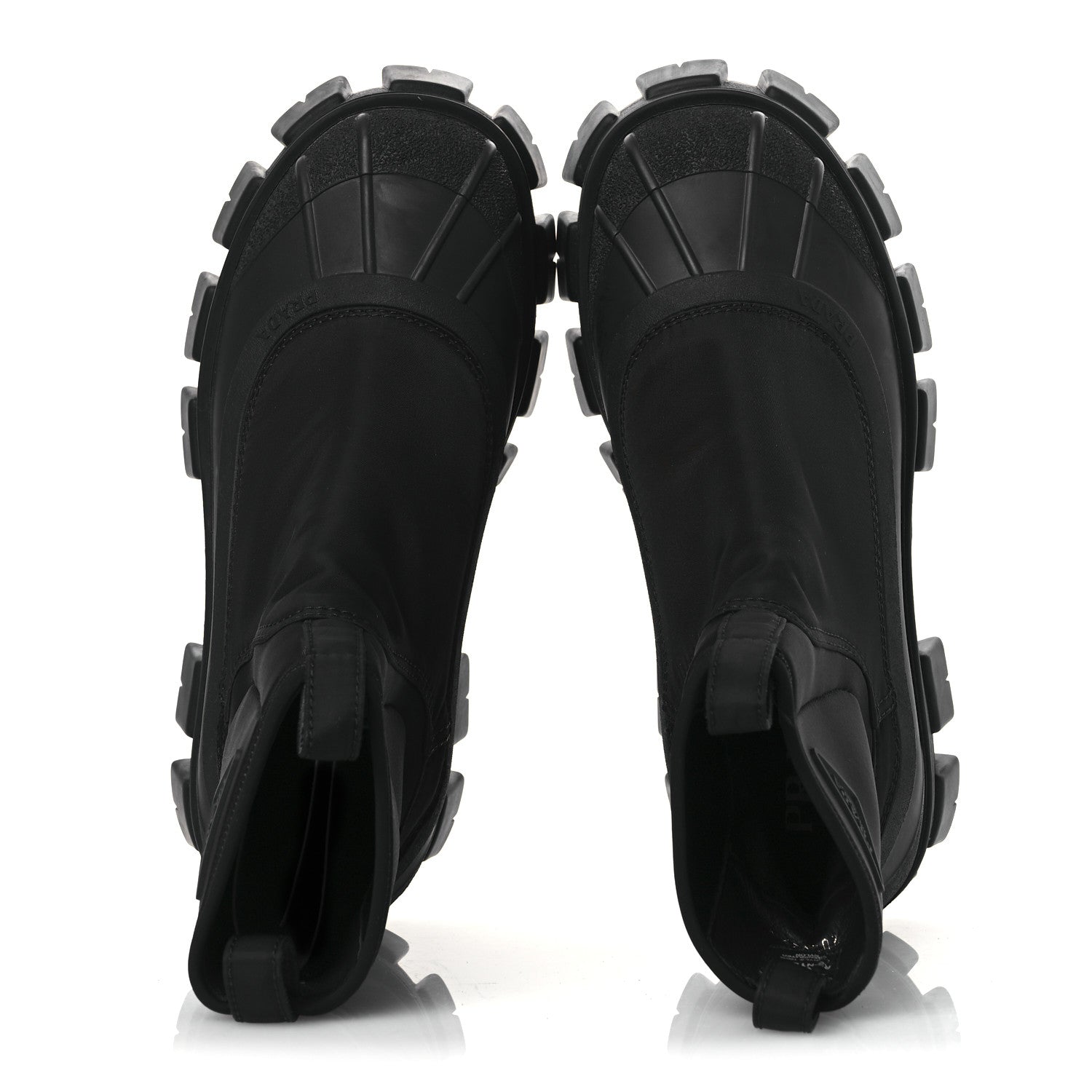 RE-NYLON GABARDINE RUBBER TRIANGLE LOGO WOMENS MONOLITH 55MM ANKLE BOOTS BLACK