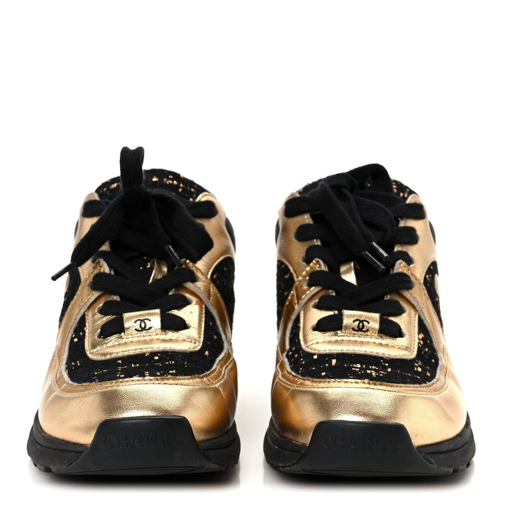 SATIN LAMBSKIN FABRIC TWEED CC SNEAKERS GOLD BLACK
