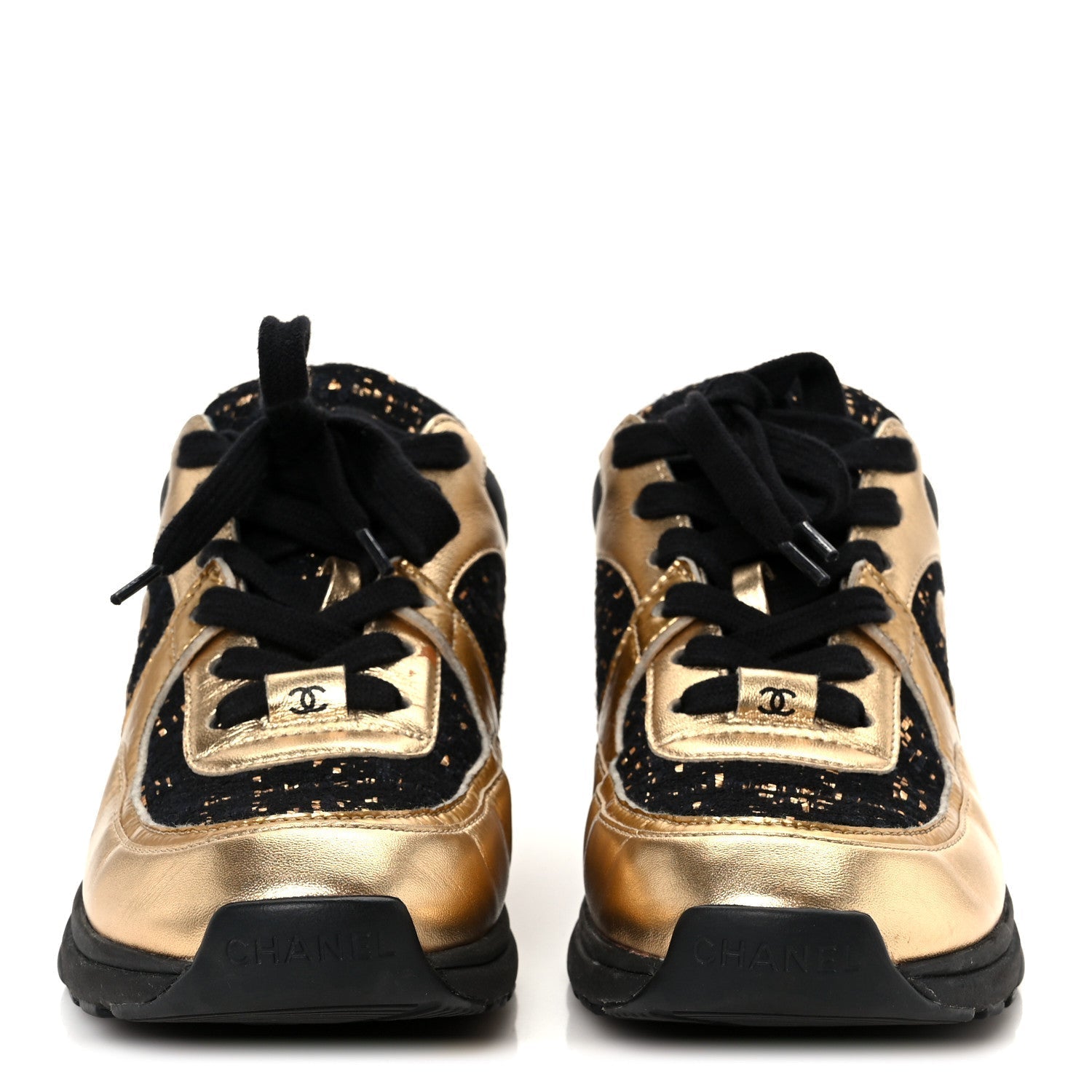 SATIN LAMBSKIN FABRIC TWEED CC SNEAKERS GOLD BLACK