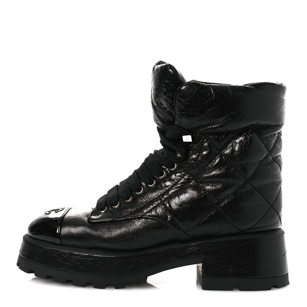 CRUMPLED PATENT LAMBSKIN CALFSKIN QUILTED LACE UP COMBAT BOOTS BLACK